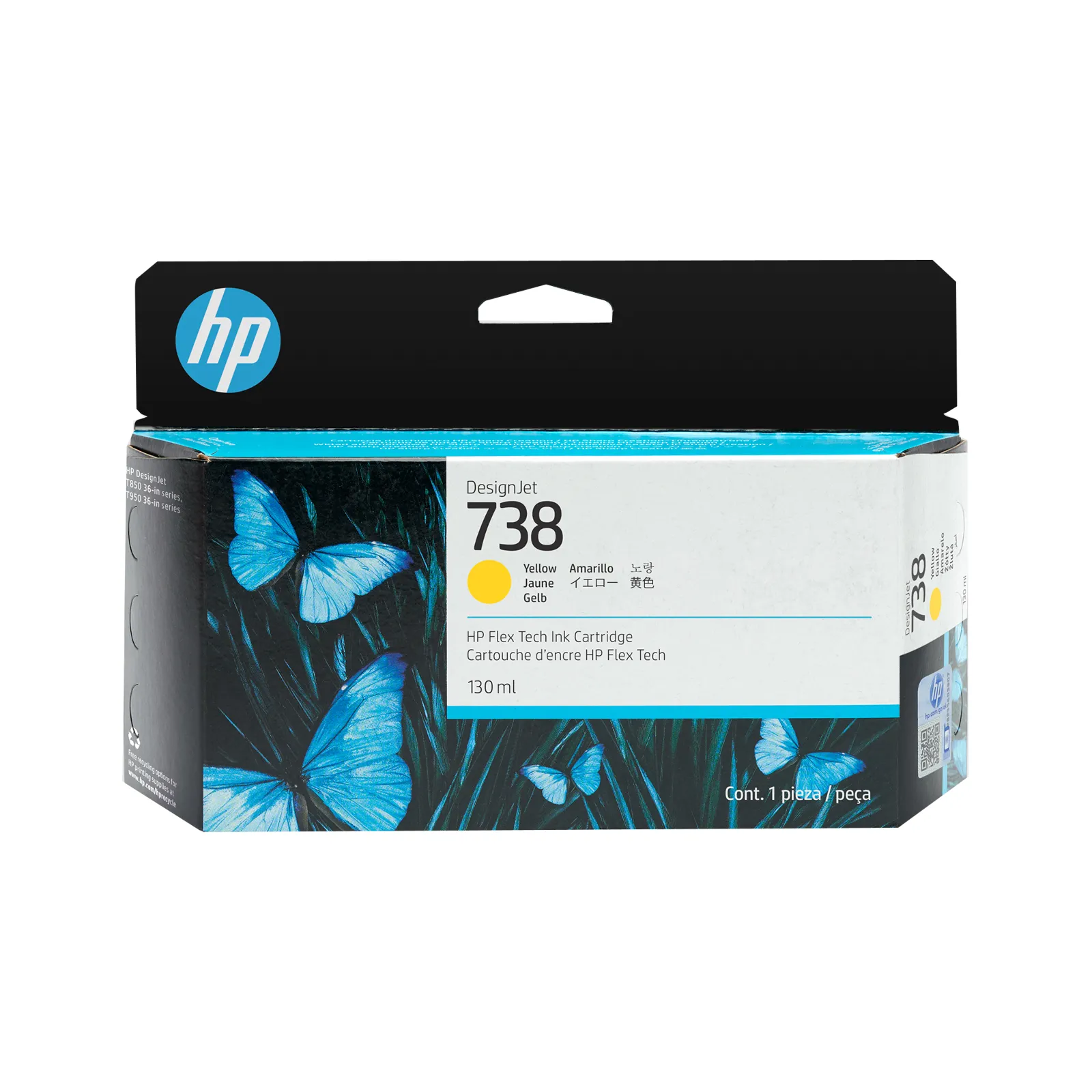HP 738 130-ml Yellow DesignJet Ink Cartridge, front view