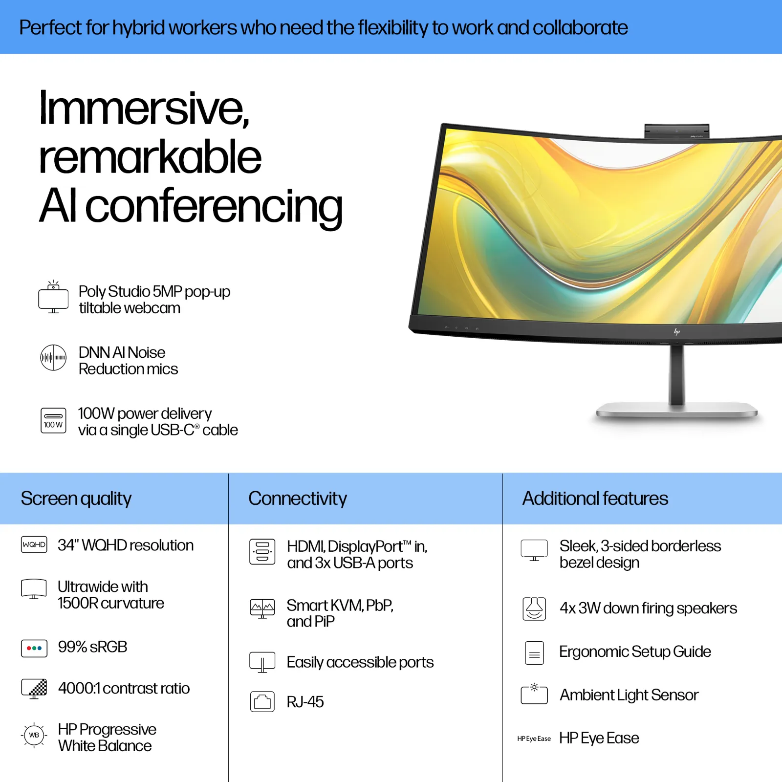 HP Series 5 Pro 34 inch WQHD USB-C Conferencing Monitor - 534pm computer monitor