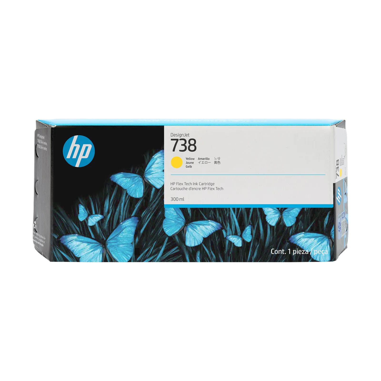 HP 738 300-ml Yellow DesignJet Ink Cartridge, front view