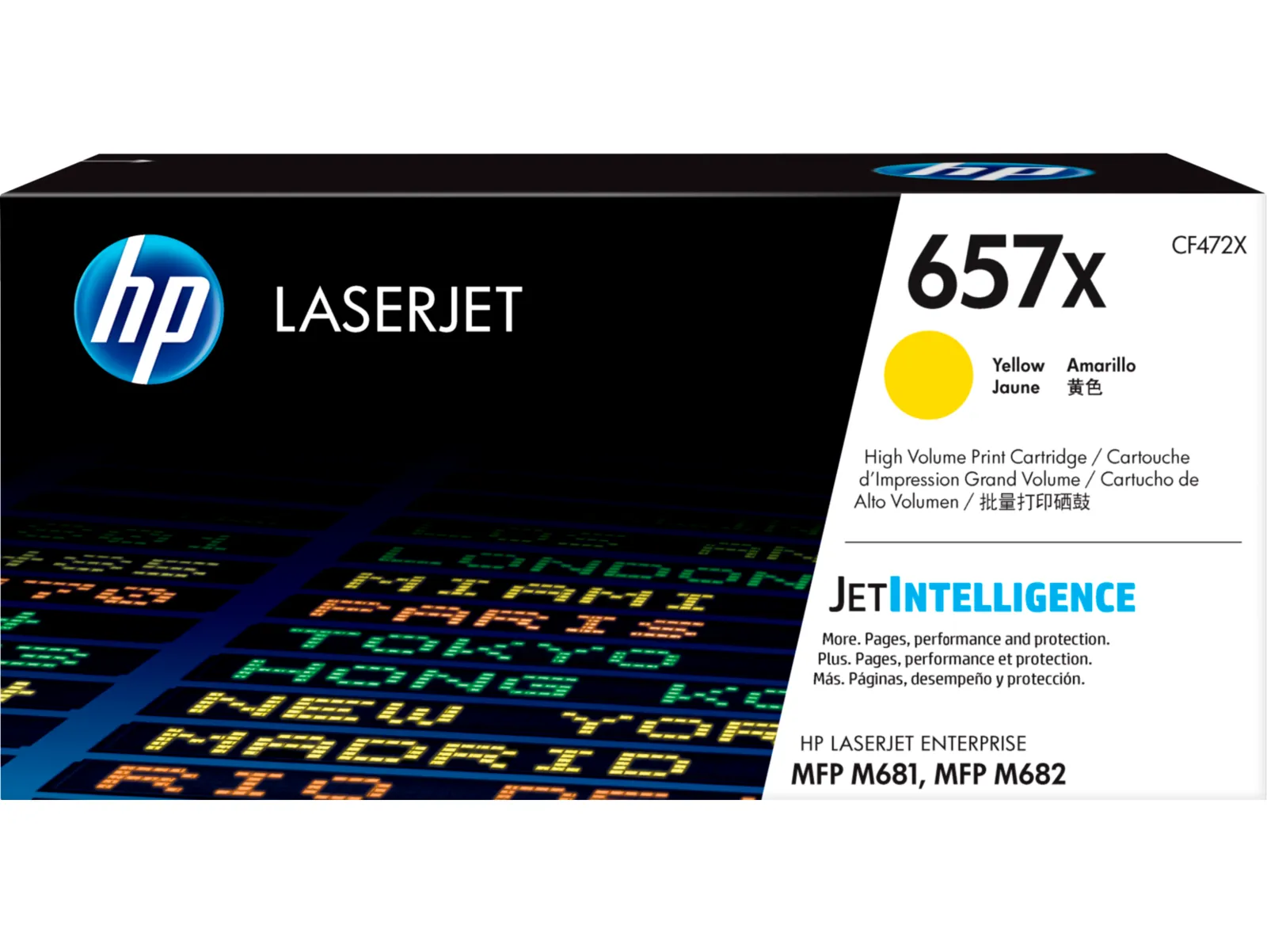 HP 657X High Yield Yellow Original LaserJet Toner Cartridge, front view