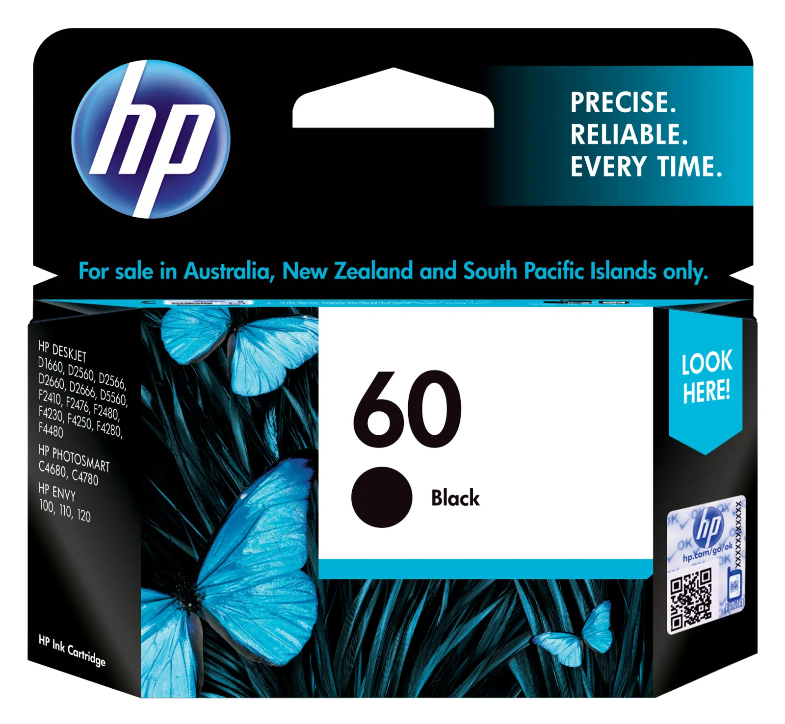 HP 60 Black Original Ink Cartridge, front view
