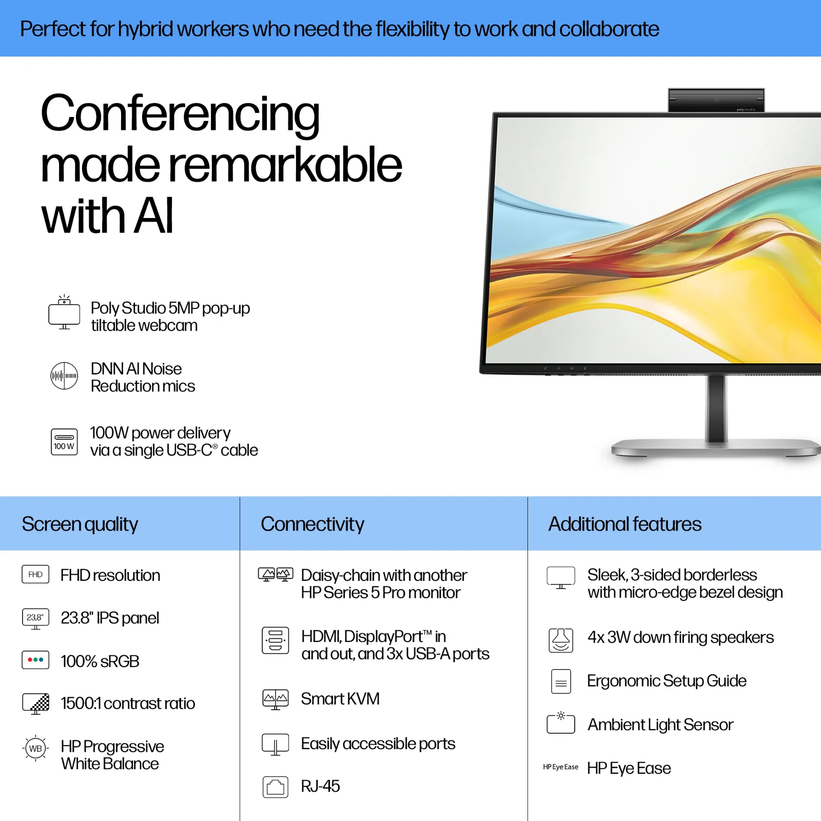 HP Series 5 Pro 23.8 inch FHD USB-C Conferencing Monitor - 524pm computer monitor