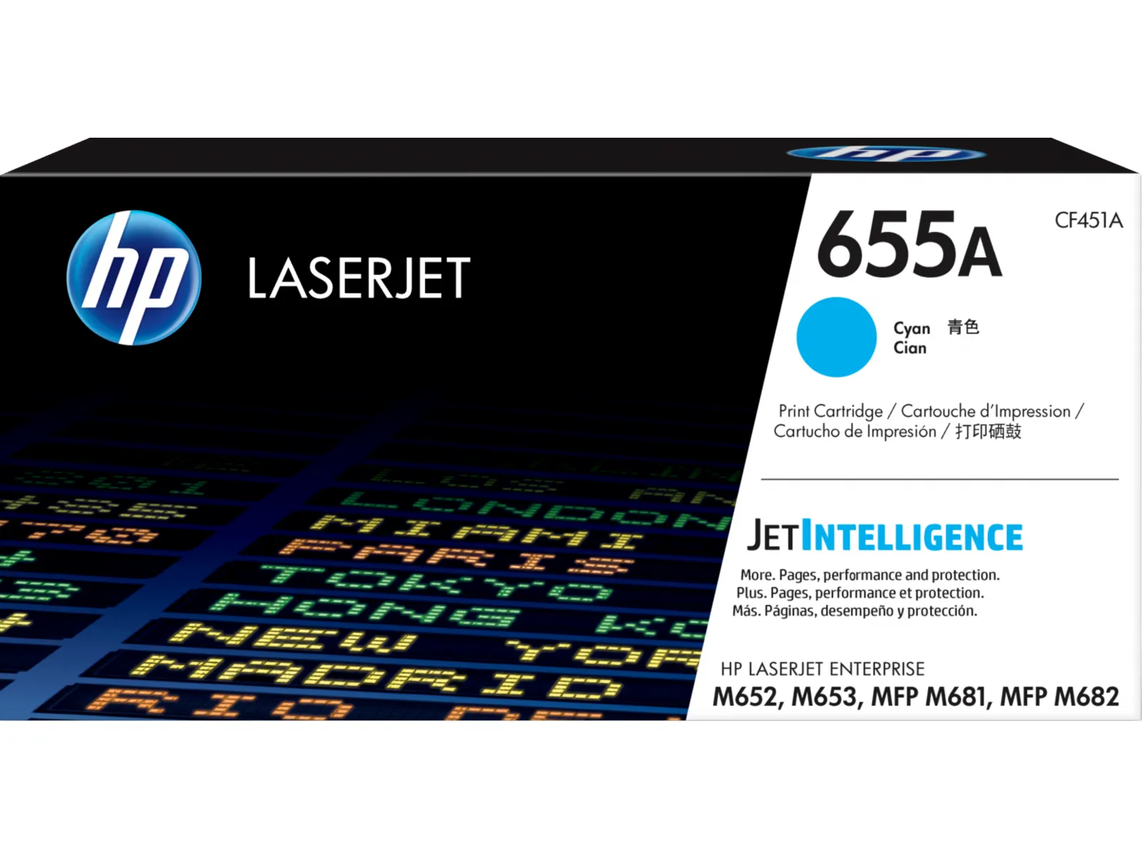 HP 655A Cyan Original LaserJet Toner Cartridge, front view