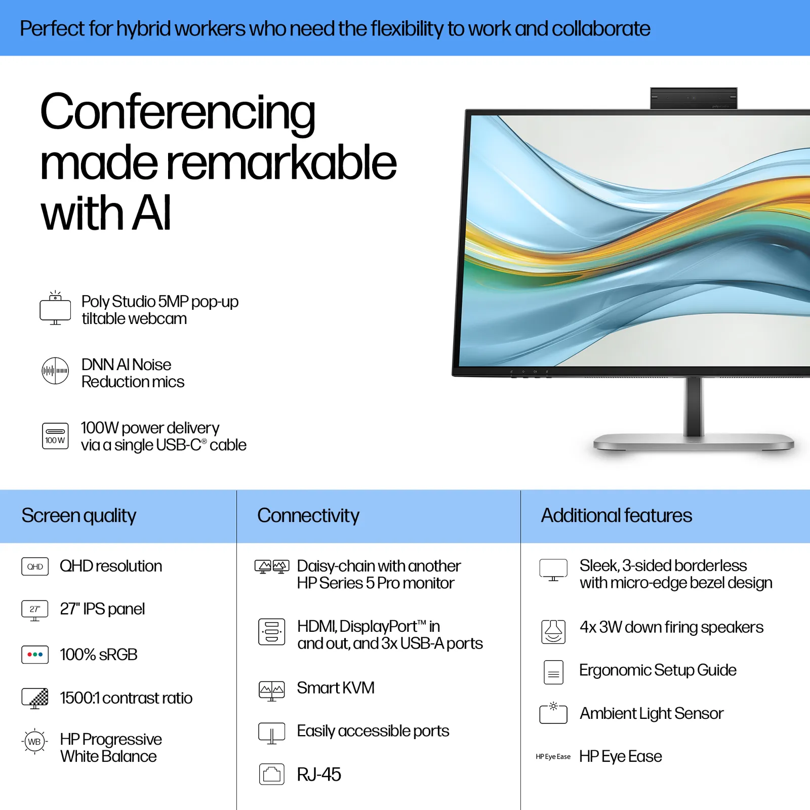 HP Series 5 Pro 27 inch QHD USB-C Conferencing Monitor - 527pm computer monitor