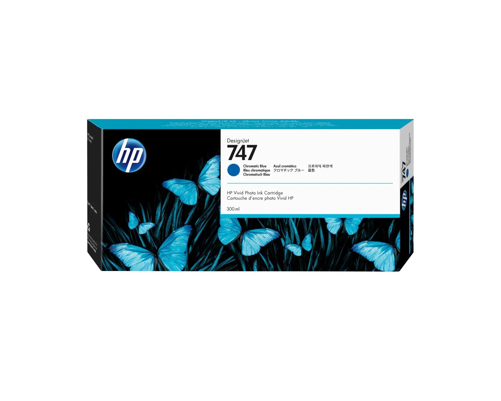 HP 747 300-ml Chromatic Blue DesignJet Ink Cartridge, front view