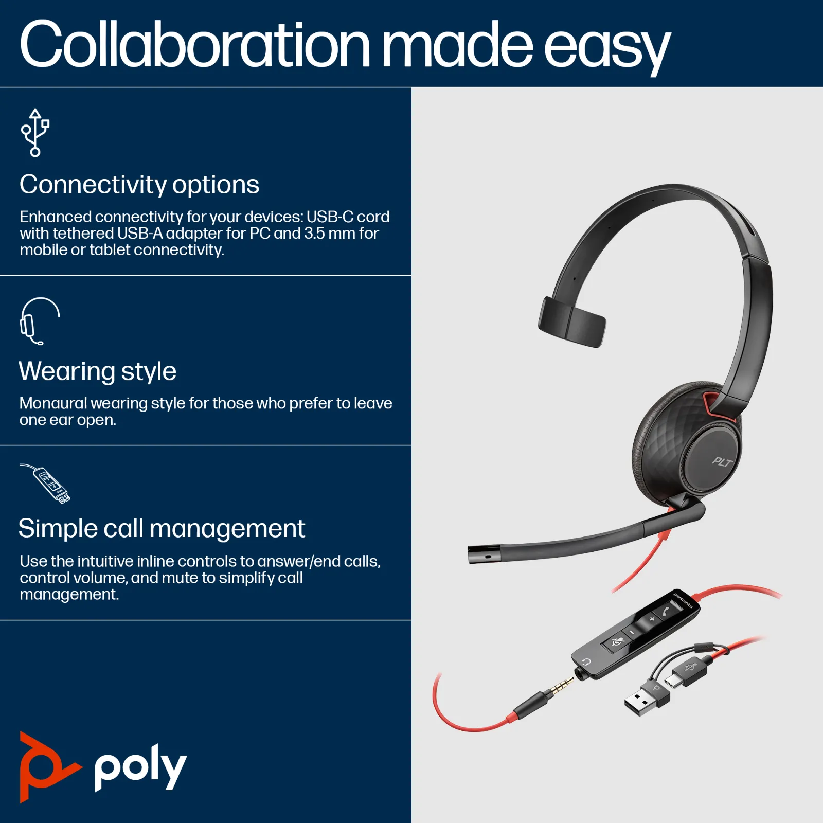 HP Poly Blackwire 5210 Monaural USB-C Headset +3.5mm Plug +USB-C/A Adapter