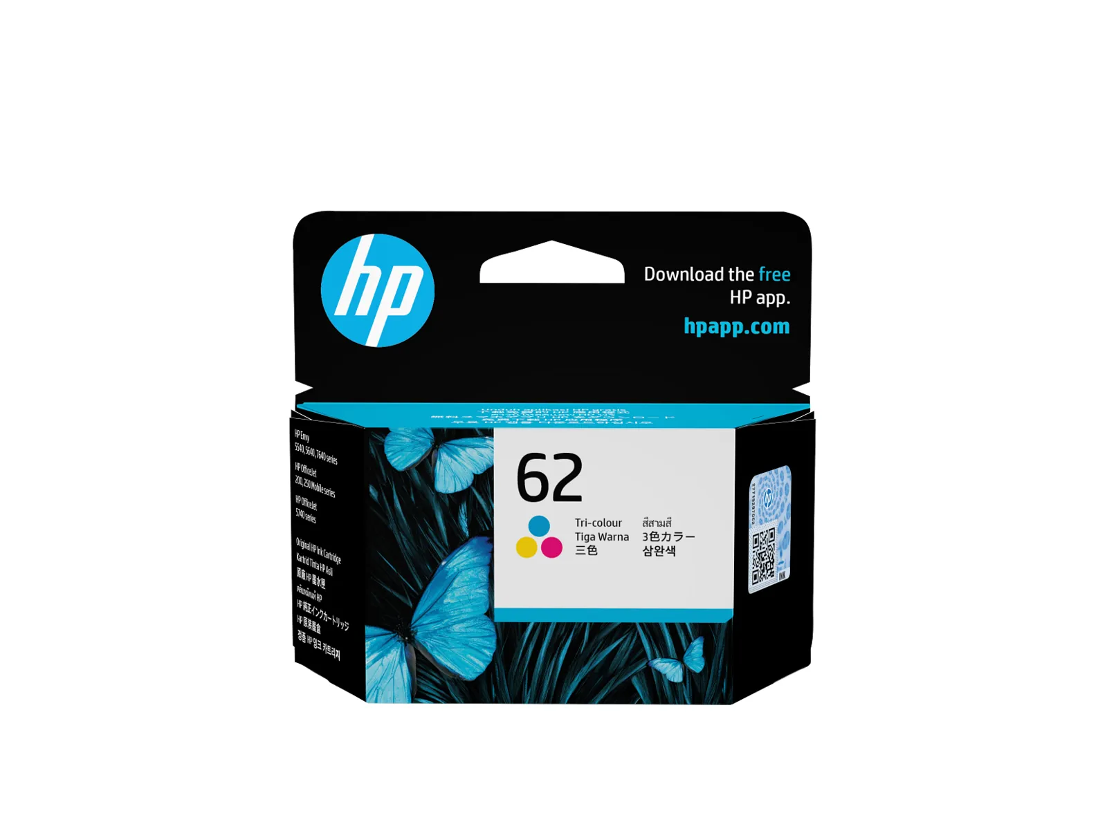HP 62 Tri-color Original Ink Cartridge, front view
