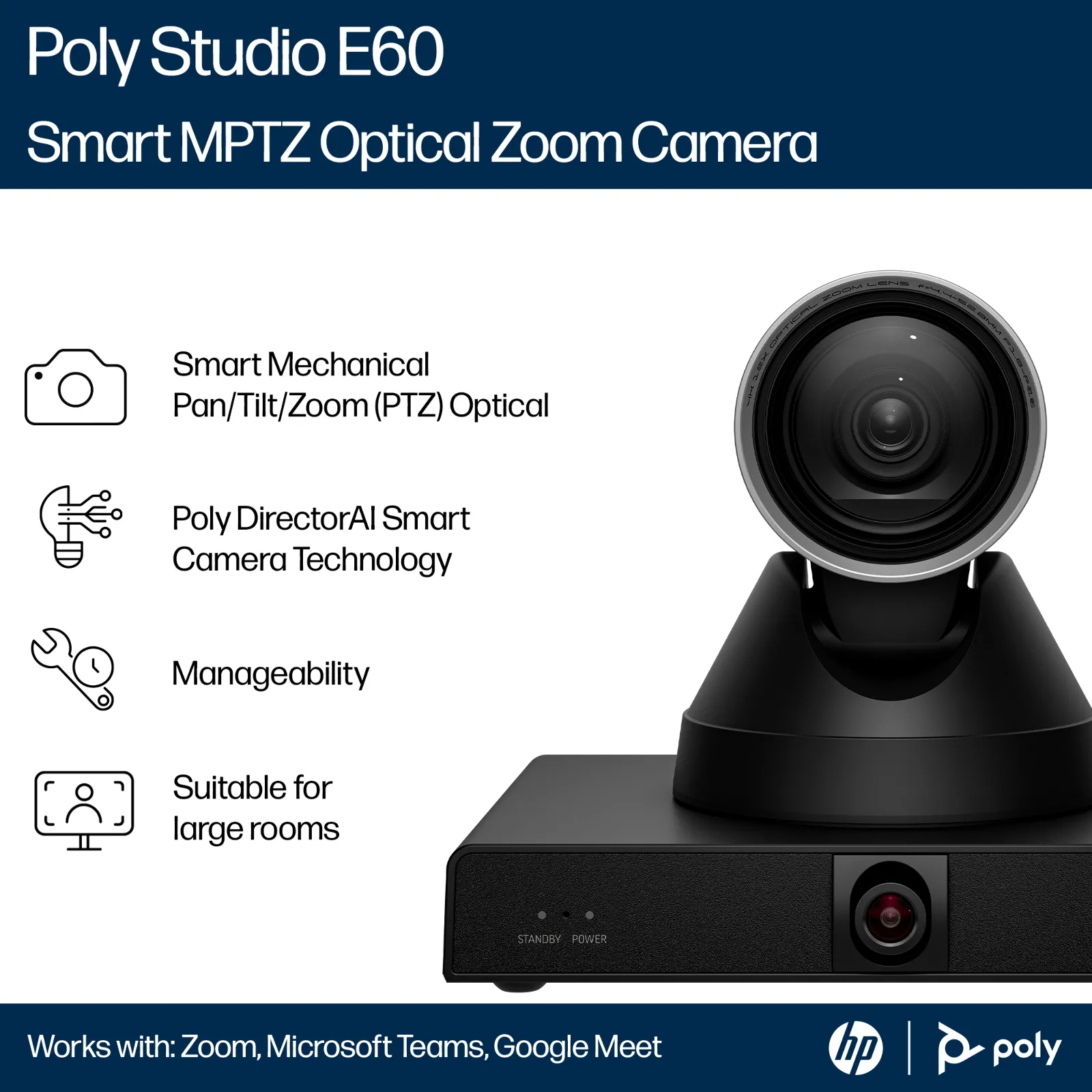 HP Poly Studio E60 Smart Camera 4K MPTZ with 12x Optical Zoom