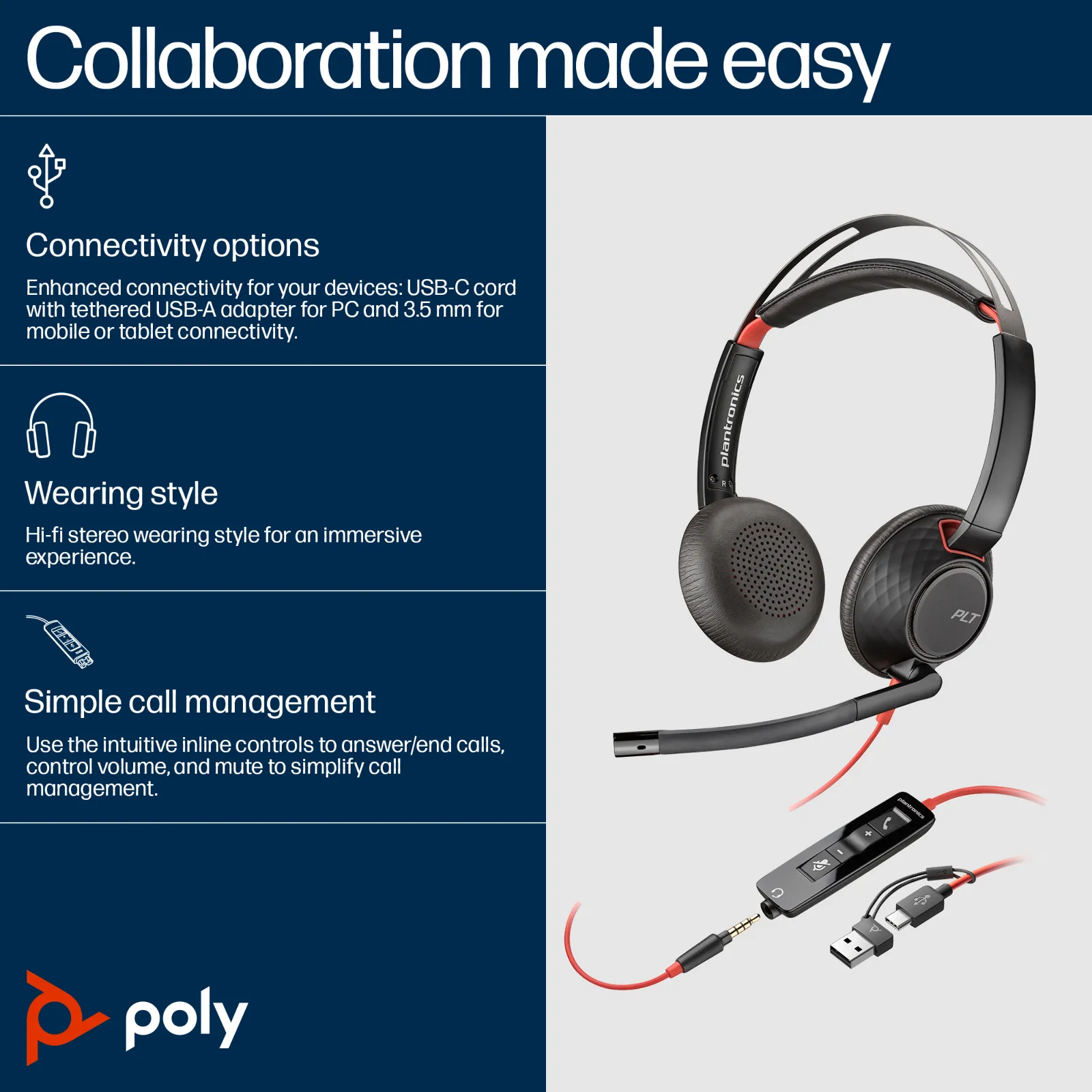 HP Poly Blackwire 5220 Stereo USB-C Headset +3.5mm Plug +USB-C/A Adapter