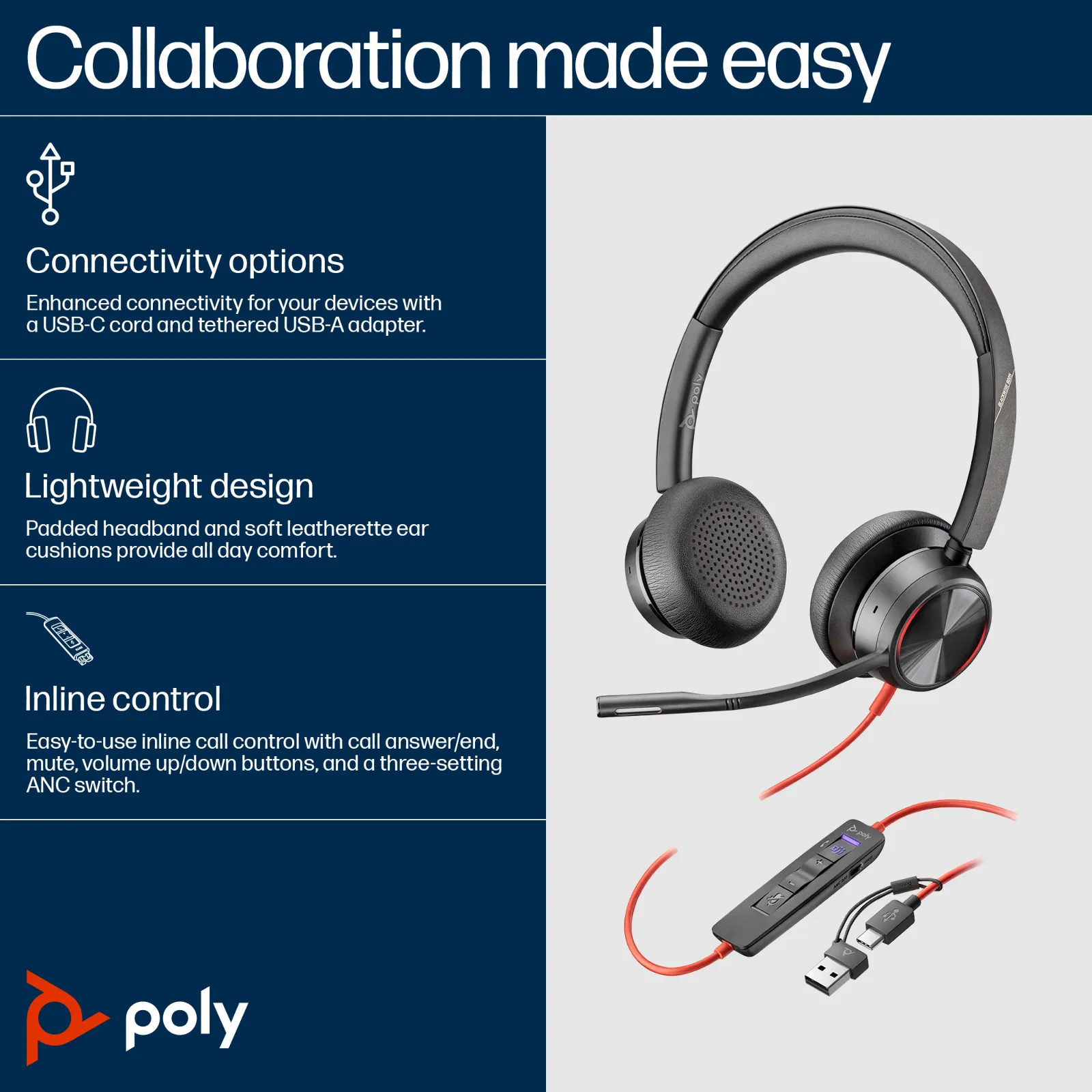 HP Poly Blackwire 8225 Stereo Microsoft Teams Certified USB-C Headset +USB-C/A Adapter