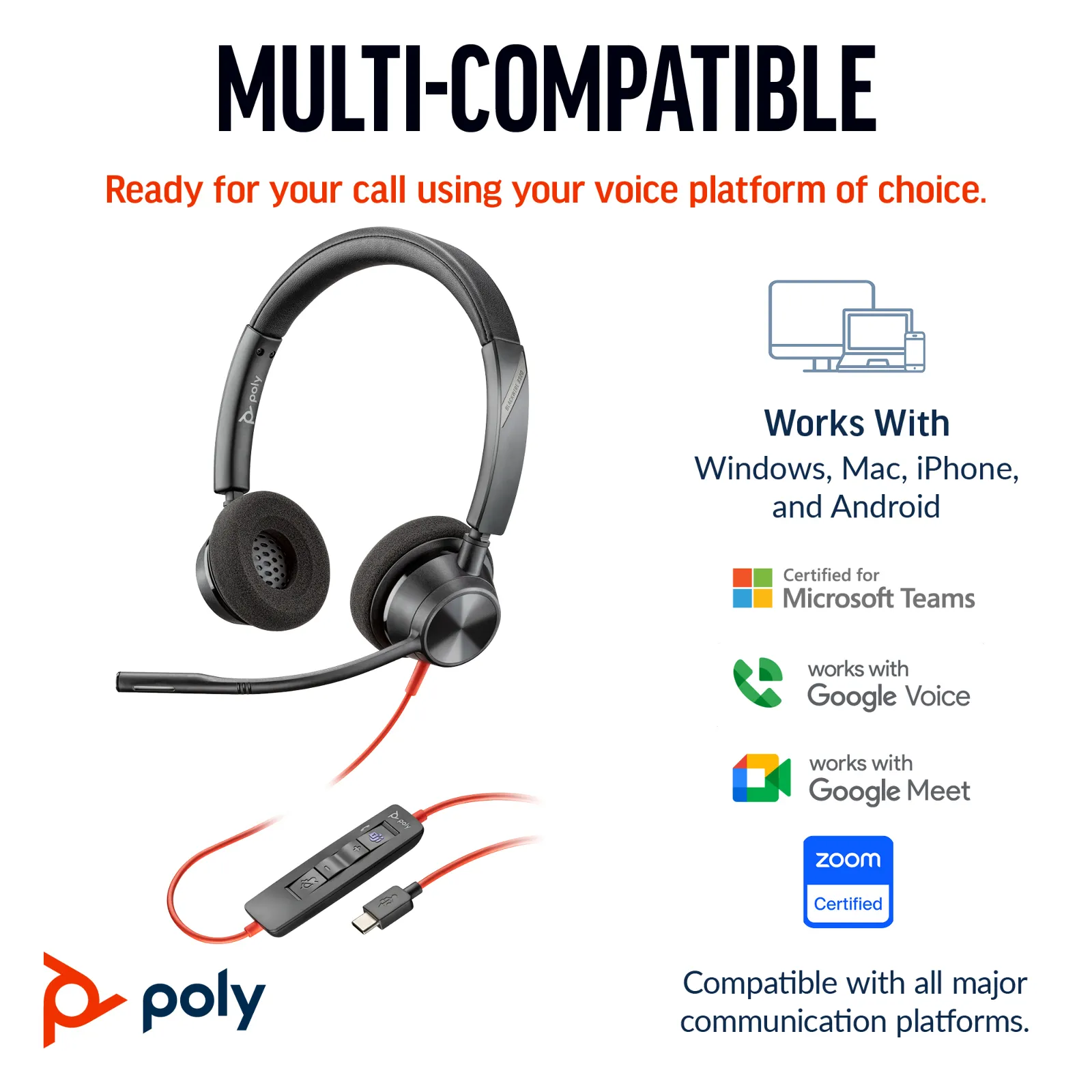 HP Poly Blackwire 3320 Stereo USB-C Headset +USB-C/A Adapter
