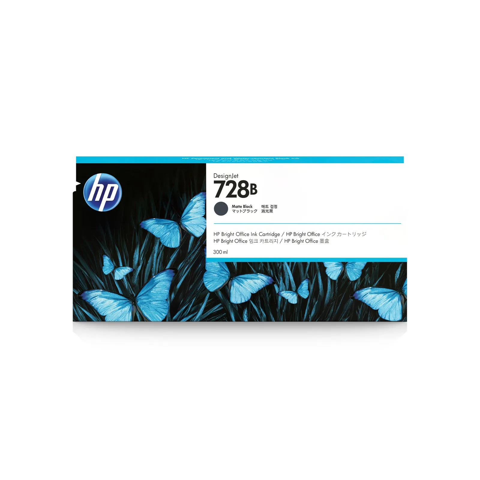 HP 728B 300-ml Matte Black DesignJet Ink Cartridge, front view