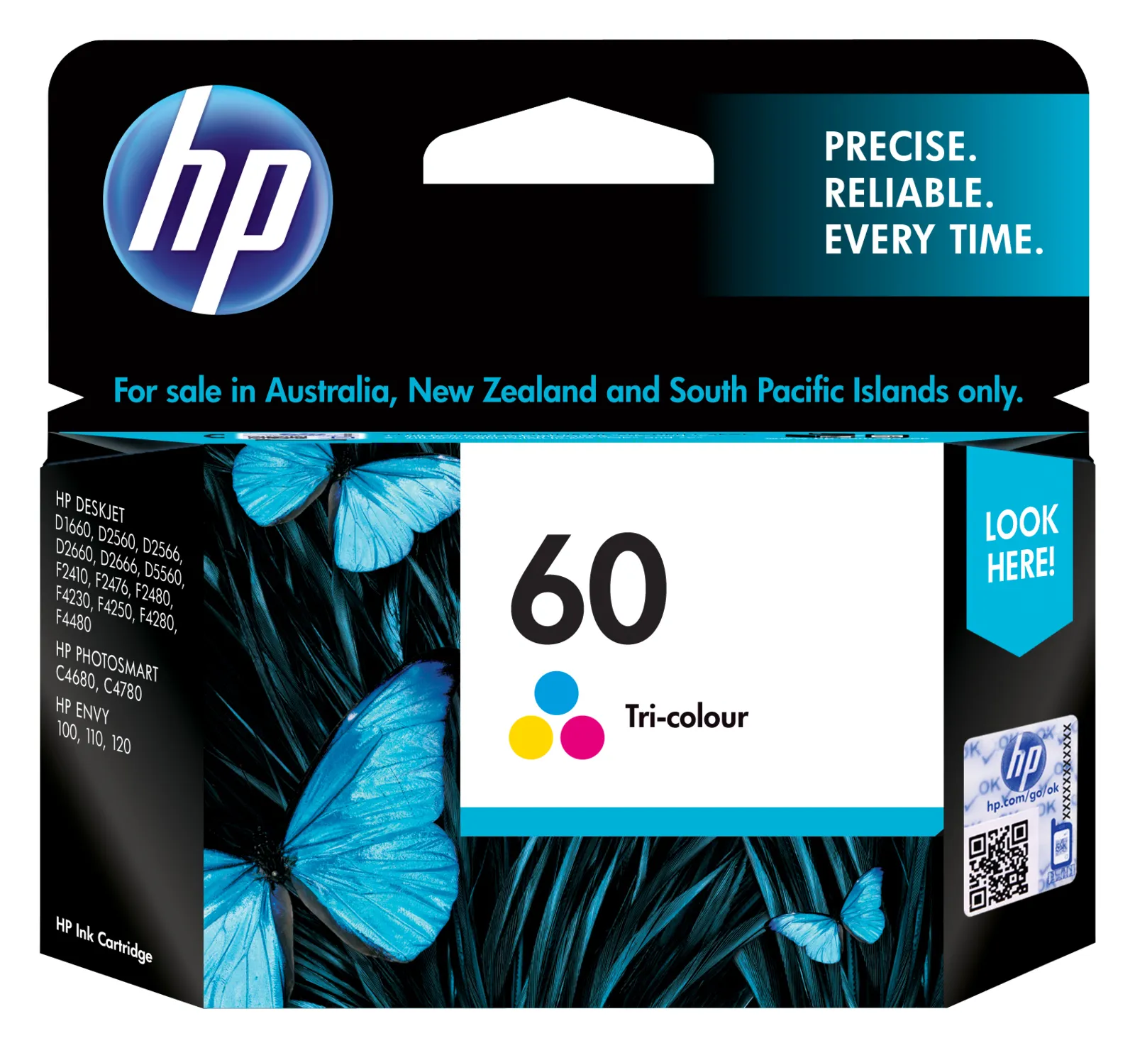 HP 60 Tri-color Original Ink Cartridge, front view