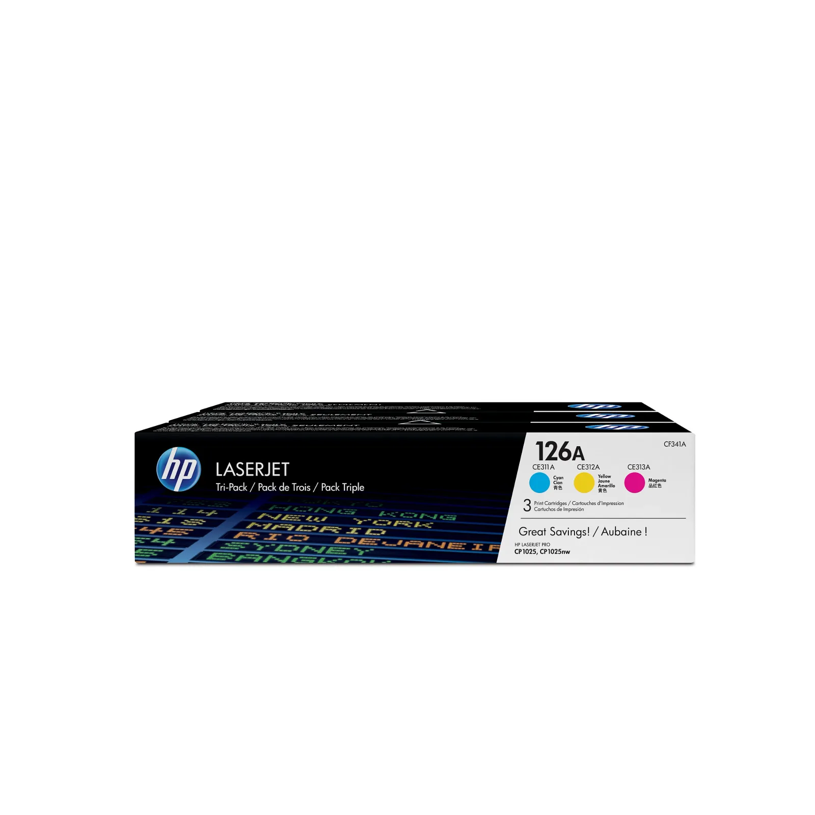 HP 126A 3-pack Cyan/Magenta/Yellow Original LaserJet Toner Cartridges, front view