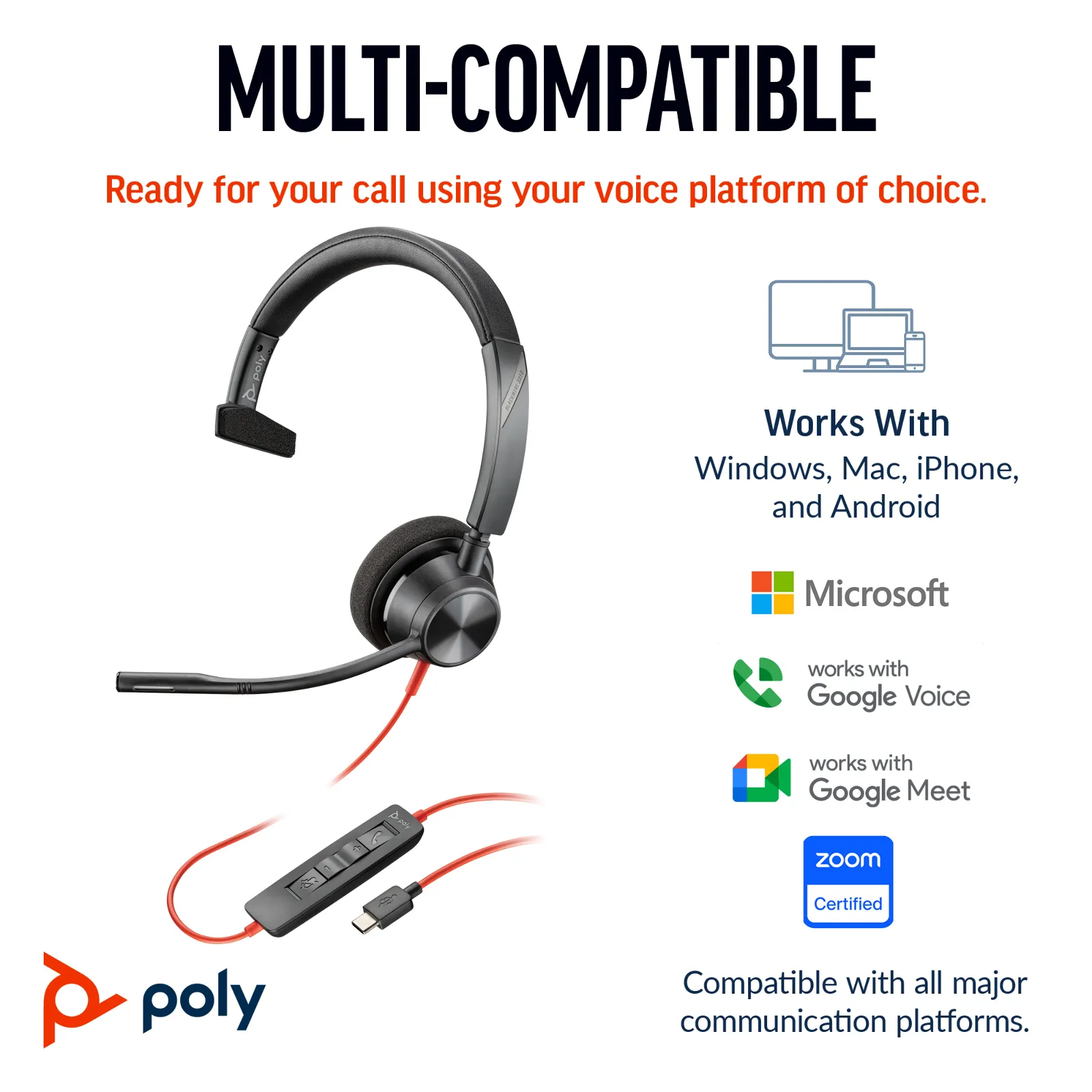 HP Poly Blackwire 3310 Monaural Microsoft Teams Certified USB-C Headset +USB-C/A Adapter