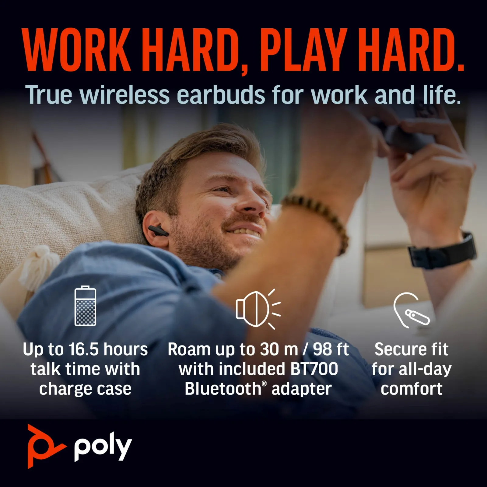 HP Poly Voyager Free 60+ UC Carbon Black Earbuds +BT700 USB-C Adapter +Touchscreen Charge Case