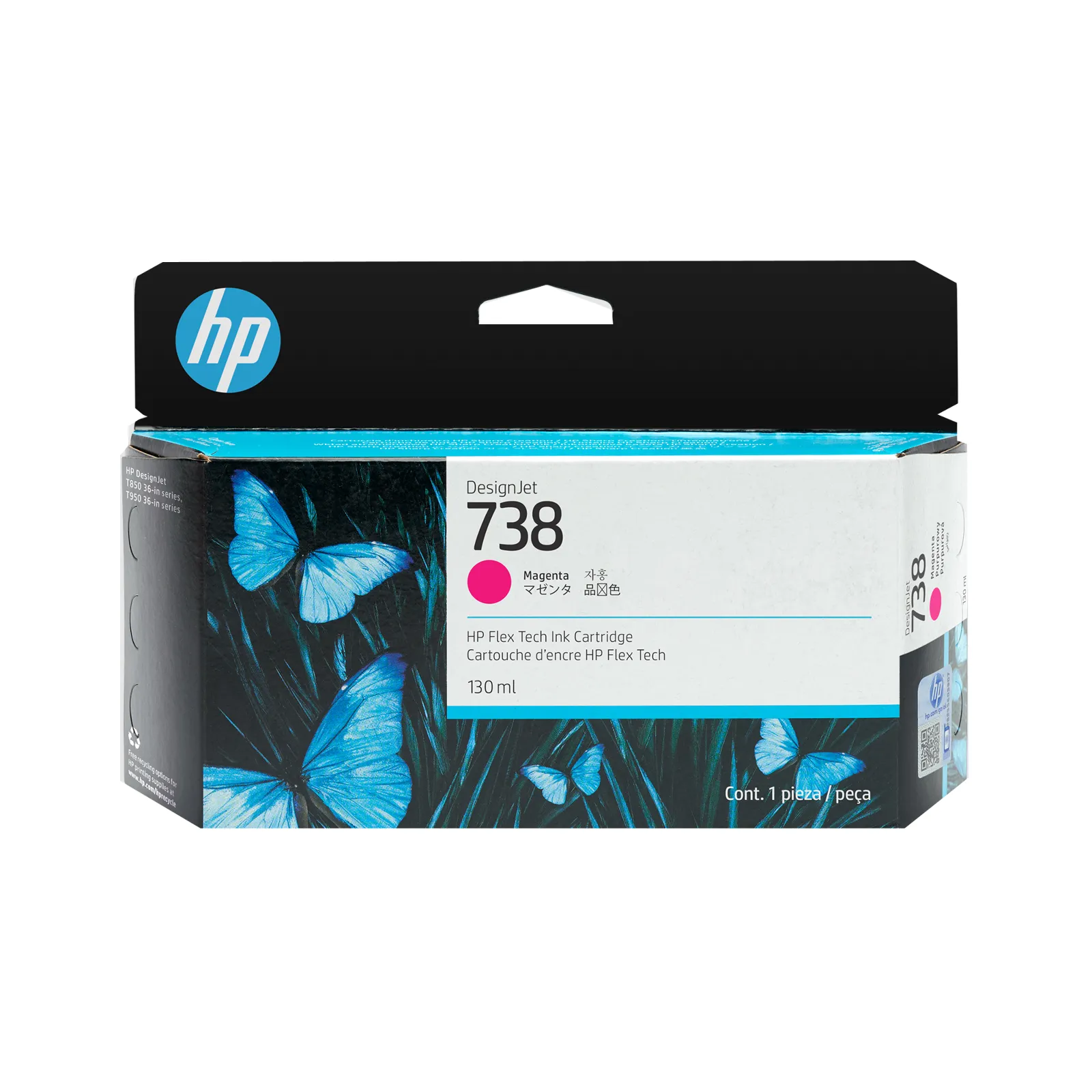 HP 738 130-ml Magenta DesignJet Ink Cartridge, front view