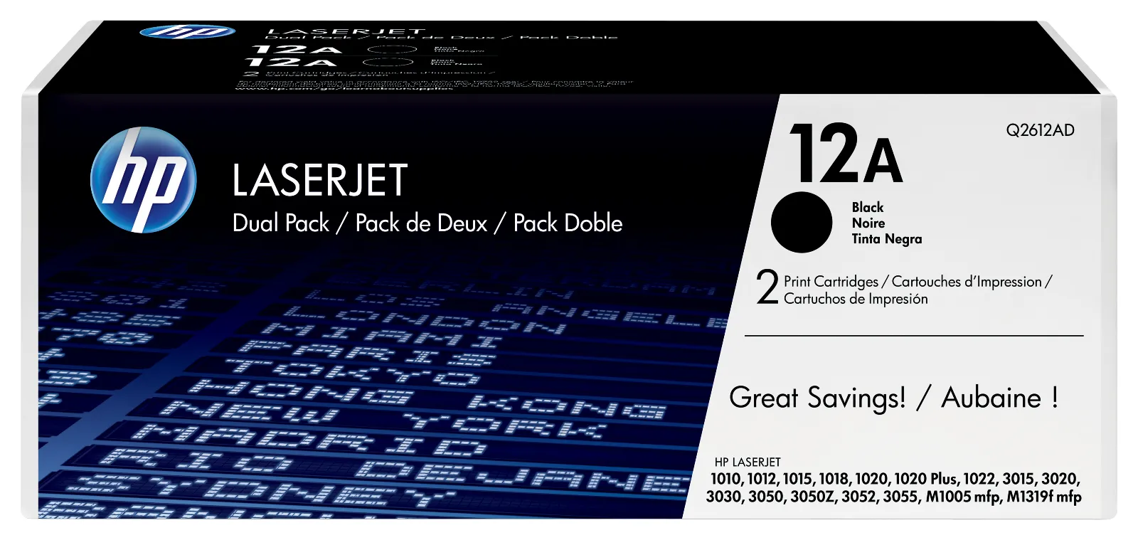 HP 12A 2-pack Black Original LaserJet Toner Cartridges, front view