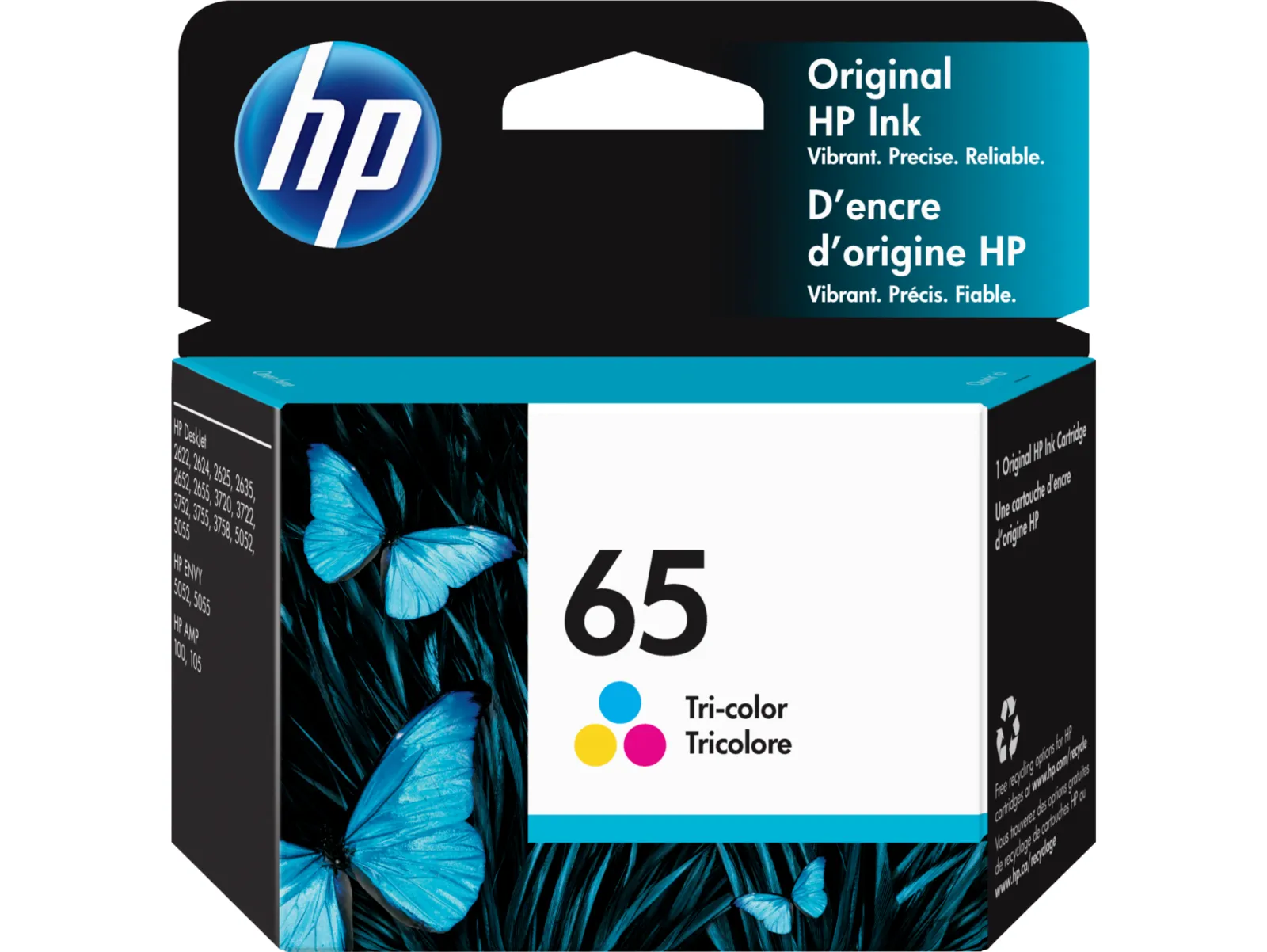 HP 65 Tri-color Original Ink Cartridge, front view