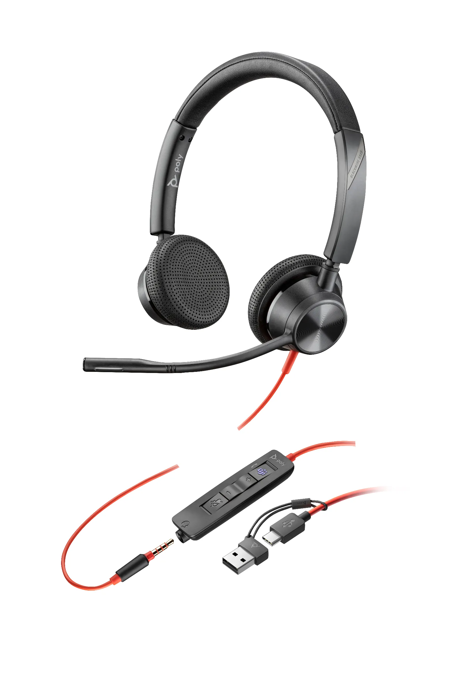HP Poly Blackwire 3325 Stereo Microsoft Teams Certified USB-C Headset +3.5mm Plug +USB-C/A Adapter