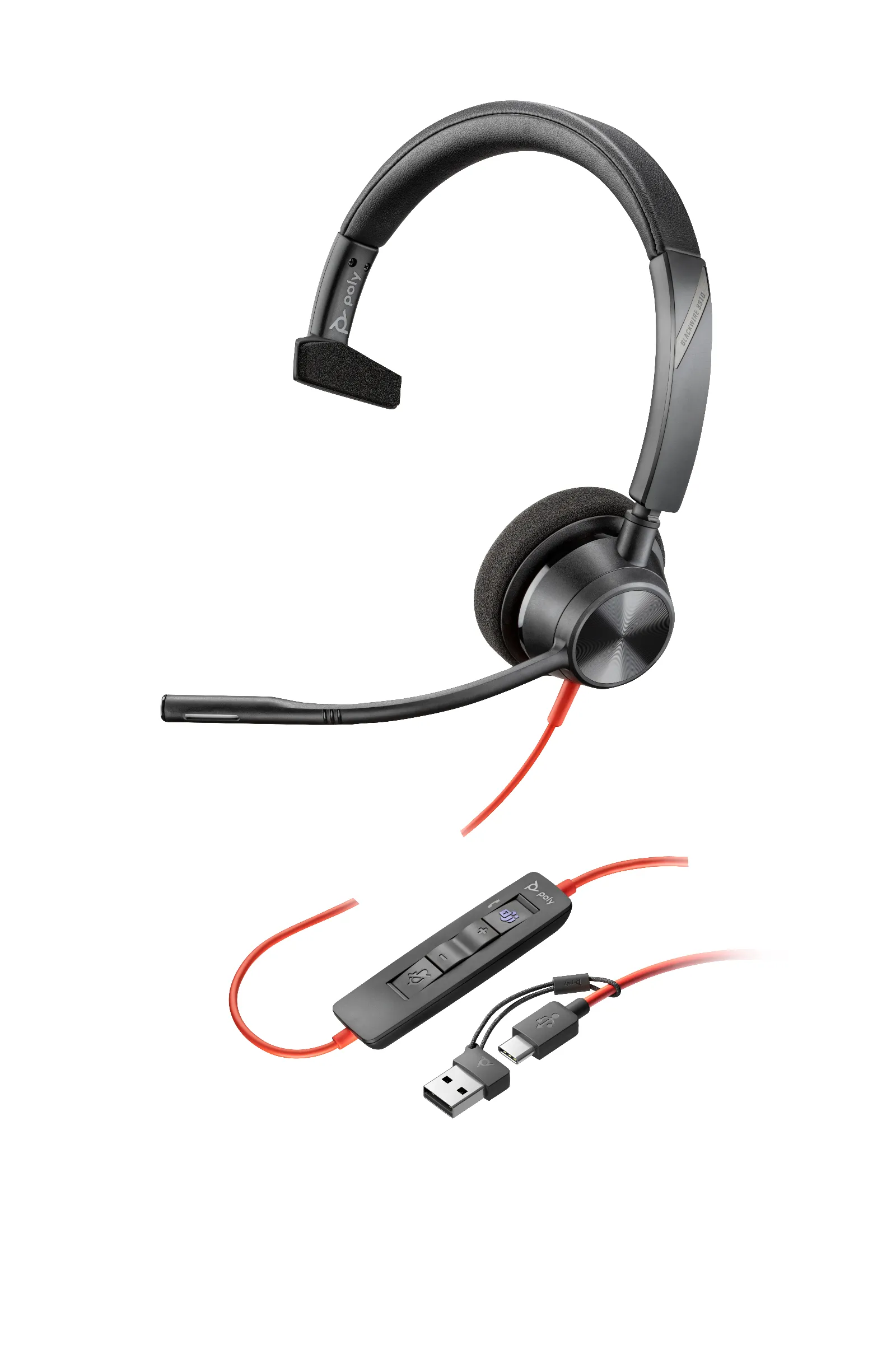HP Poly Blackwire 3310 Monaural Microsoft Teams Certified USB-C Headset +USB-C/A Adapter
