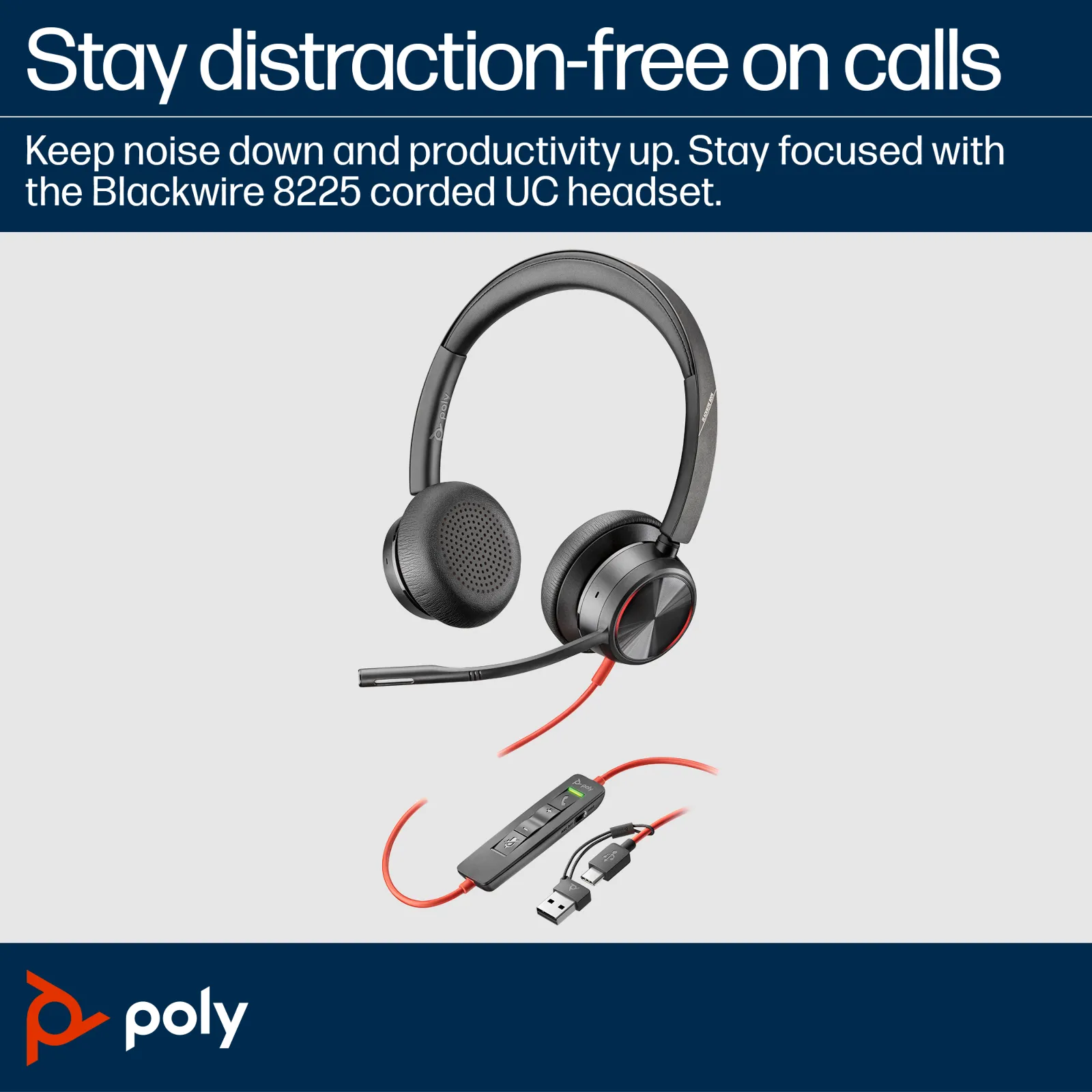 HP Poly Blackwire 8225 Stereo USB-C Headset +USB-C/A Adapter