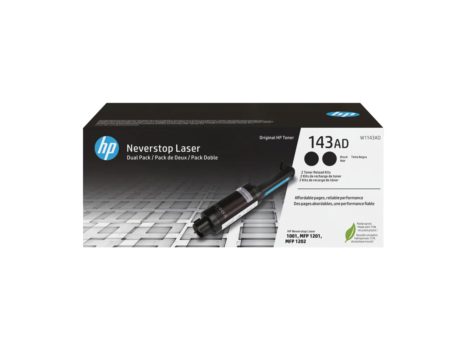 HP 143AD Dual Pack Black Original Neverstop Toner Reload Kit, front view