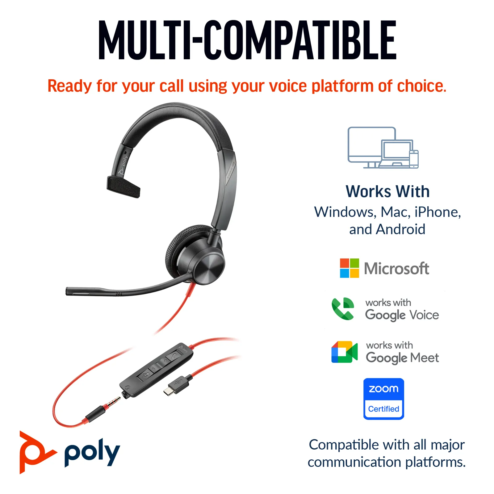HP Poly Blackwire 3315 Monaural Microsoft Teams Certified USB-C Headset +3.5mm Plug +USB-C/A Adapter